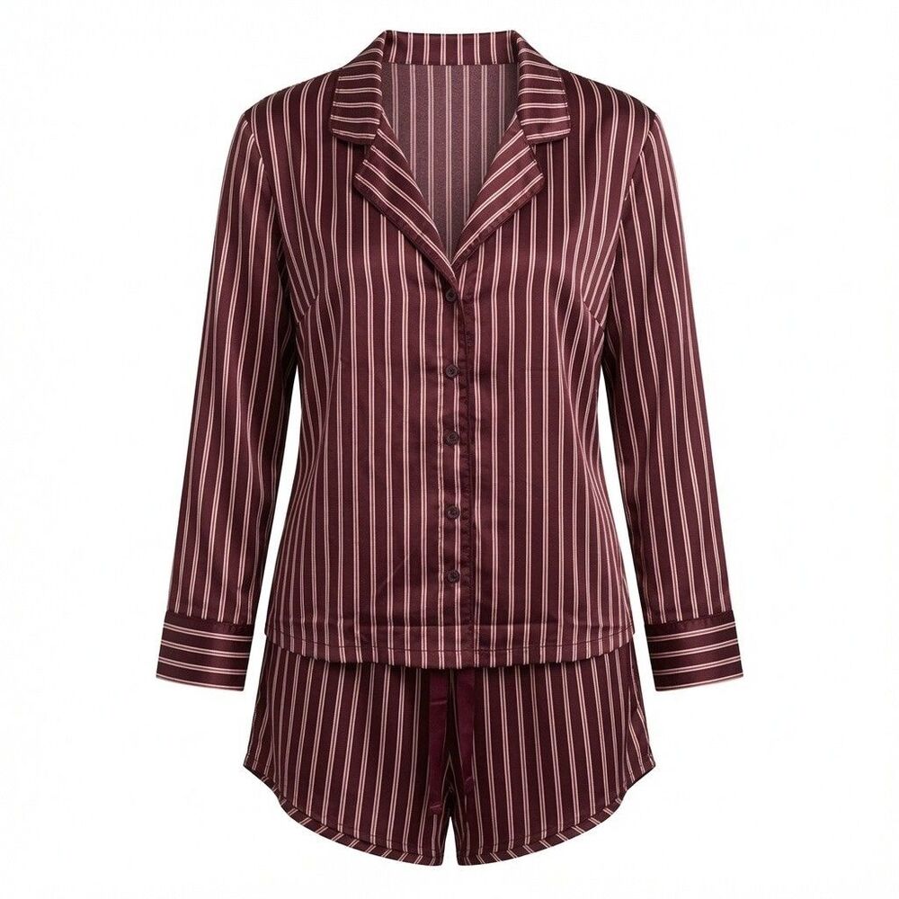 Auden Luxury Collection Satin Striped Pajama Set Notch Collar Womens L Burgundy